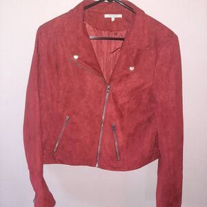 Buckle Veveret Faux Suede Red Moto Jacket
